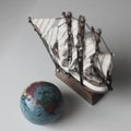 Miniature Globe Near Sailing Vessel Model On White Old Film Style Stock Photo Royalty Free Stock Photo