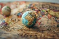Miniature globe sitting on top of a world map Royalty Free Stock Photo