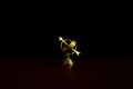 Miniature golden antique astrolabe globe in darkness