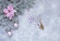 Miniature golden saxophone copy, snowy fir tree branches, gentle poinsettia flower and Christmas pink balls. Christmas and New