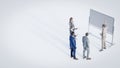 Miniature group of business people standing in front of a white board. 3d illustration Royalty Free Stock Photo