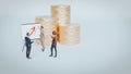 Miniature group of business people standing in front of a white board ding and consulting on stack of coins background. 3d