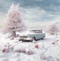 holiday retro gift car snow christmas merry candy winter festive. Generative AI.