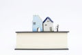 Miniature happy couple and design miniature house on thick book isolate on white background Royalty Free Stock Photo