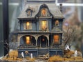 A Miniature Haunted House with Glowing Windows and Ghosts Royalty Free Stock Photo