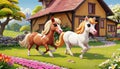 Miniature horse trotting ranch yard house