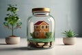 miniature house with coins and plant shoots symbolizes financial growth and real estate investment. Royalty Free Stock Photo