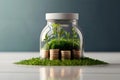 miniature house with coins and plant shoots symbolizes financial growth and real estate investment. Royalty Free Stock Photo