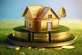 miniature house with coins and plant shoots symbolizes financial growth and real estate investment. Royalty Free Stock Photo