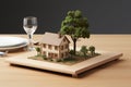 Miniature house design on table with keys, concept of real estate purchase and home ownership Royalty Free Stock Photo