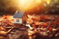 miniature house on the floor with keys on the background. Royalty Free Stock Photo