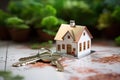 miniature house on the floor with keys on the background. Royalty Free Stock Photo