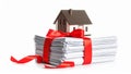 Miniature house gift-wrapped with red ribbon on top of a stack of envelopes Royalty Free Stock Photo