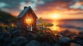 Miniature house with glowing light bulb at sunset by the sea. Creativity and innovation concept Royalty Free Stock Photo