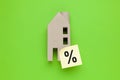 Miniature house on a green background, discount percentage when buying. Commission for real estate transactions