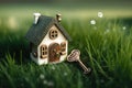 Miniature house on green grass. Real estate concept. Modern housing. Eco-friendly and energy efficient house. Buying a home Royalty Free Stock Photo