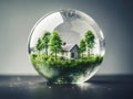 Miniature house inside bubble on the table 3d rendering