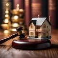 miniature house and judge hammer gavel and scales of legal justice, ai generative Royalty Free Stock Photo