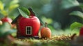 A miniature house made of red apples and green leaves, AI