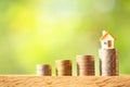 Miniature house model on coin stacks on greenery blurred background