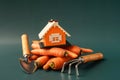 Miniature house on a pile of carrots with a shovel and rake on a green background Royalty Free Stock Photo