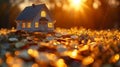 Miniature house on pile of coins at sunset - generative ai Royalty Free Stock Photo