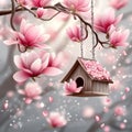 A Miniature House and Pink Cherry Blossoms Hanging from a Tree Branch Royalty Free Stock Photo