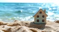 A miniature house on the sand against the backdrop of the sea or ocean. Travel vacation rental concept. Resort property