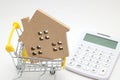Miniature house, shopping cart and calculator on white background. Concept of buying new house, real estate and home mortgage. Royalty Free Stock Photo
