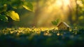 Miniature house in sunlit forest with dewy leaves and greenery surround Royalty Free Stock Photo