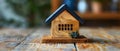 Miniature House on Wood: Fire Insurance Concept. Concept Miniature Houses, Wooden Props, Fire