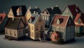 Miniature houses on the ground. 3D illustration. Vintage style.