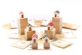 Miniature houses on wooden cubes and some euro and dollar bills Royalty Free Stock Photo