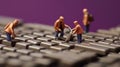 Miniature human toys repairing a keyboard, symbolizing preserving and maintaining modern technology