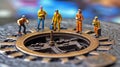 Miniature human toys toiling on a manhole, maintaining the city\'s infrastructure and functions Royalty Free Stock Photo