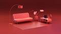 Miniature interior room with sofa, lamp, carpet, plant and Notebook on red background. Royalty Free Stock Photo