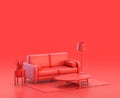 Miniature interior room with sofa in red background, monochrome single color red 3d Icon, 3d rendering