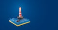 Miniature lighthouse on a stone in the blue sea with a boat, 3D render Royalty Free Stock Photo