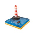 Miniature lighthouse on a stone in the blue sea with a boat, 3D render Royalty Free Stock Photo