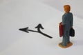 Miniature man thinking, which way to go. Decision making conceptual photo