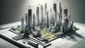 Miniature Metropolis Rising on Architectural Blueprints