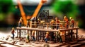 Miniature model of construction site, with several people working on project. There are five men standing around scene Royalty Free Stock Photo