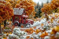 A miniature model of a fire truck with a fire engine on the background of a red maple tree covered with snow Royalty Free Stock Photo