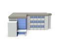 A miniature model of a hospital. White background.