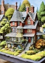 miniature model house display with gardens on suburban street
