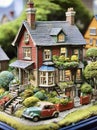 miniature model house display with gardens on suburban street