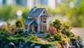 Miniature model of house in garden with trees and city background.