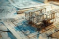 Miniature model house standing on architectural blueprints for construction project Royalty Free Stock Photo