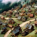 Miniature model of a village with houses on the top of a mountain