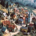 Miniature model of a village with houses on the top of a mountain